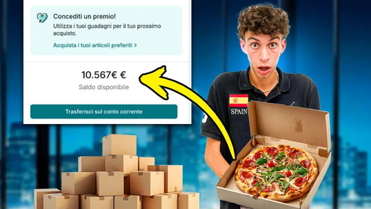 Venditore stupito mostra una scatola della pizza e indica un alto saldo guadagni su Vinted accanto a una pila di pacchi da spedire.