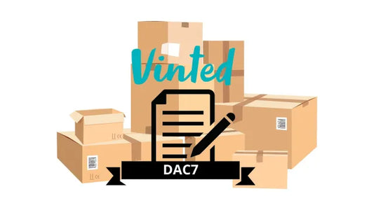 Illustrazione grafica con pacchi di spedizione, logo Vinted e un modulo da compilare per la normativa fiscale DAC7.