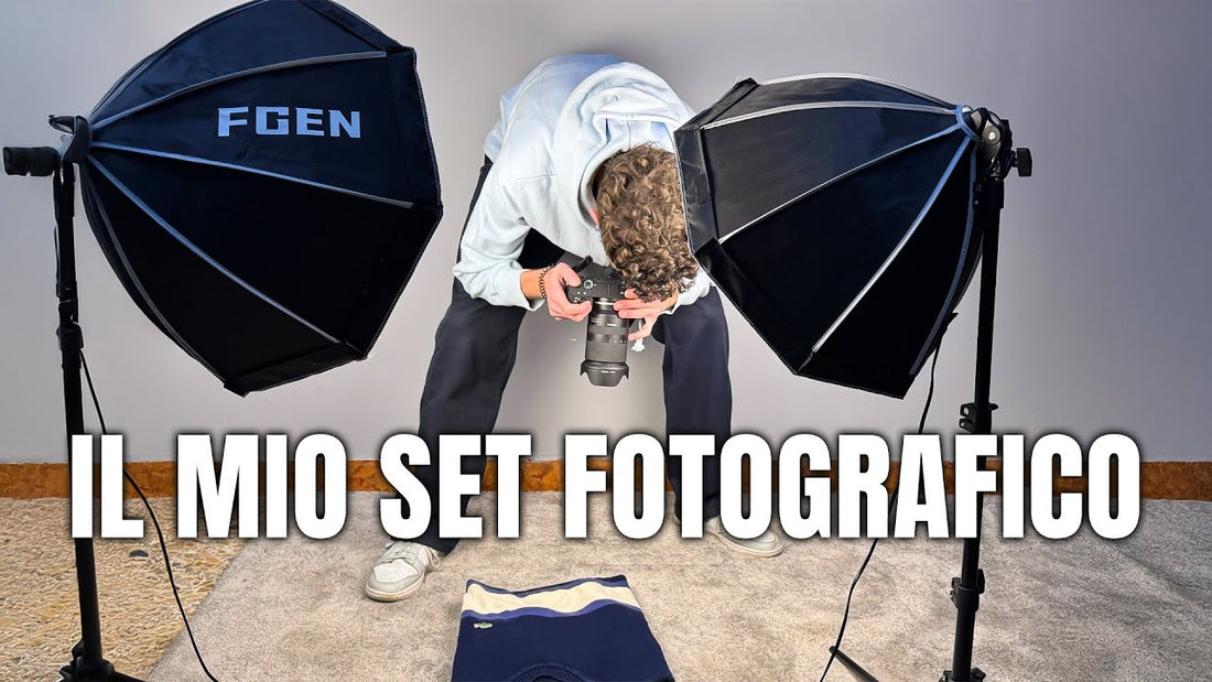 Set fotografico casalingo con due luci softbox per fotografare un maglione da vendere su Vinted.