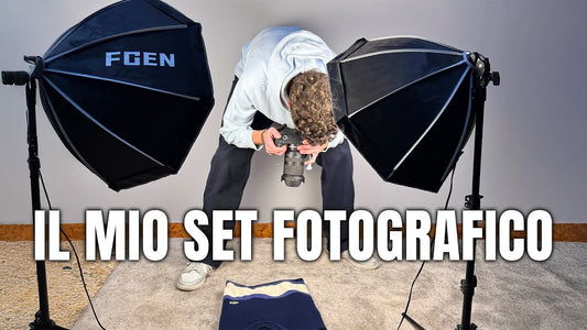 Set fotografico casalingo con due luci softbox per fotografare un maglione da vendere su Vinted.