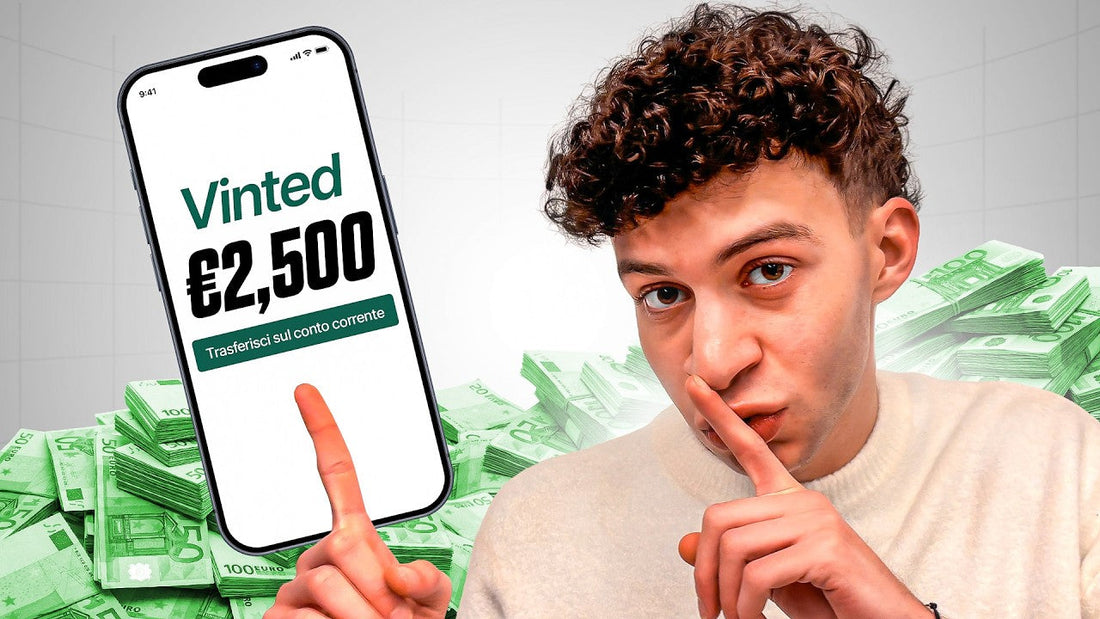 Un ragazzo mostra una schermata di trasferimento fondi sull'app Vinted con uno sfondo pieno di banconote.