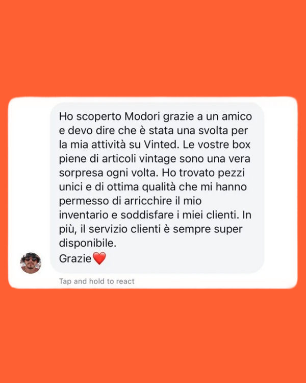 Feedback WhatsApp cliente Modori soddisfatto della qualità Grado A dei vestiti vintage ricevuti